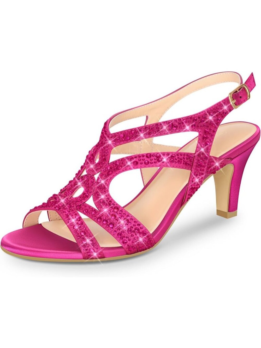 Women's Hot Pink Rhinestone Slingback Heels Open Toe Sparkle Wedding Sandals